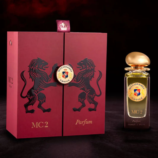 Red box with black lion design and gold 'MC2' perfume bottle on a dark background
