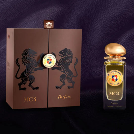 Parfum bottle and packaging with 'MC4' branding on a dark background