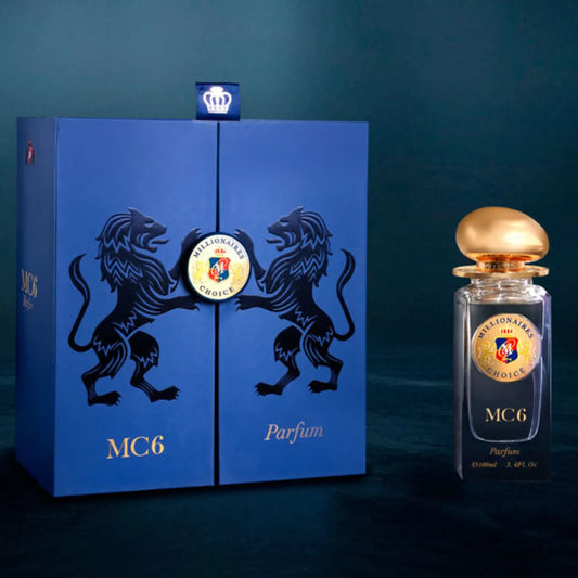Blue box and MC6 perfume bottle with lion design on a dark blue background