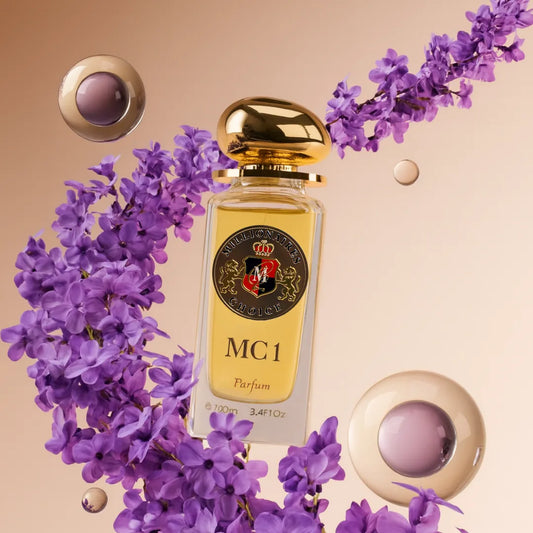 Perfume bottle labeled 'MC1' with purple flowers on a beige background