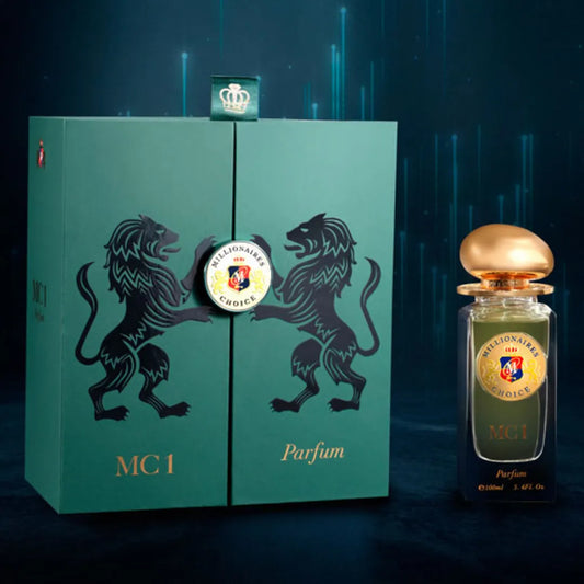 MC1 Parfum bottle and packaging with lion design on a dark background