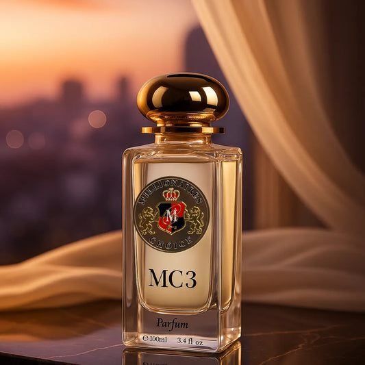 MC3 Perfume bottle with gold cap and visible brand logo against a blurred background 