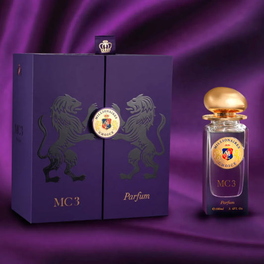 MC3 Purple perfume box and bottle with gold accents on a purple background