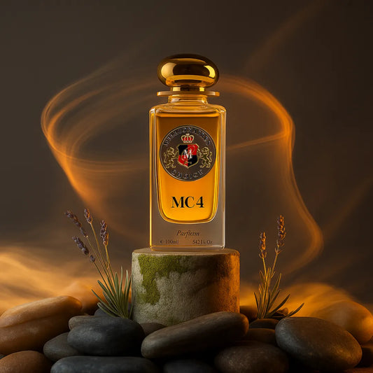 Perfume bottle labeled 'MC4' on a stone surface with a warm, glowing background