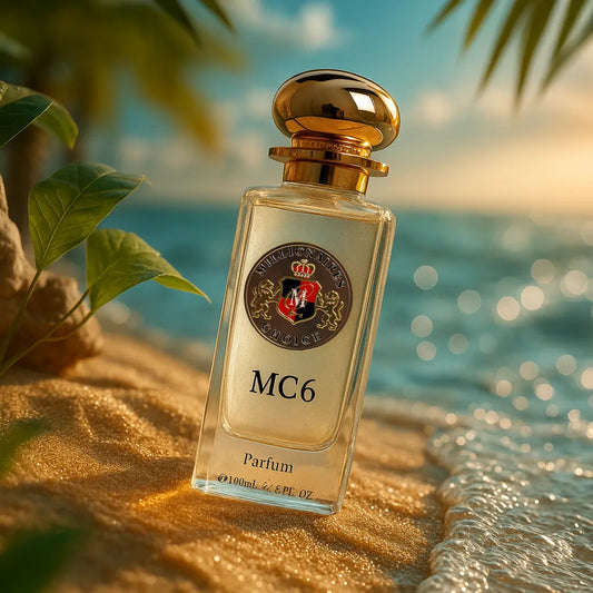 Perfume bottle labeled 'MC6' on a beach with ocean and leaves in the background
